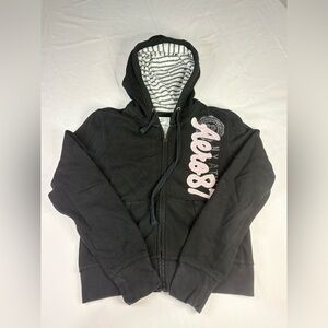 Women’s Y2K Aeropostale Striped Hood Lining Distressed Zip Up | $23.99
